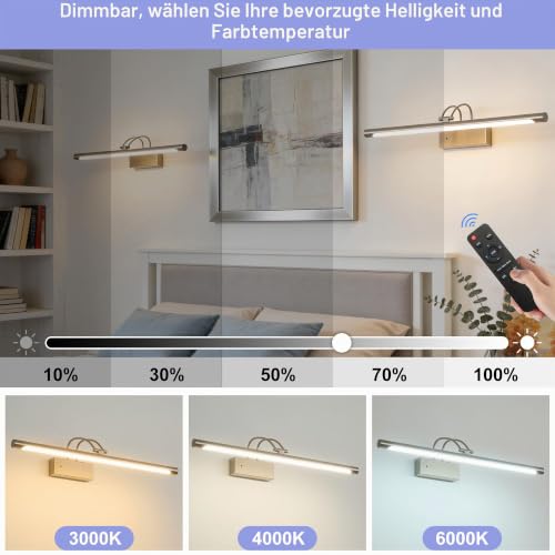Actask Akku Bilderleuchte 60 cm LED mit Fernbedienung, dimmbar, Sand Nickel