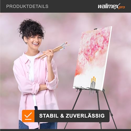 Walimex pro Staffelei L 50-165cm, Aluminium I ideal als Atelierstaffelei, Tischstaffelei & Feldstaffelei I für Leinwände bis HxT: 122x4cm, bis 6kg I Ablage & Halterung für Farben & Pinsel, mit Tasche