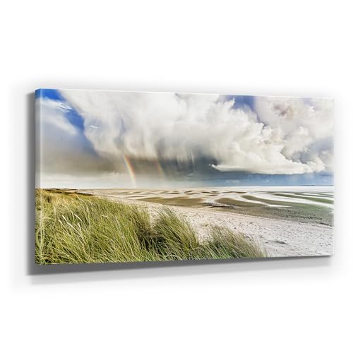 Atemberaubendes Nordsee Panorama Leinwand-Bild 120x60cm, Motiv Wolken Wattenmeer. Ein einzigartiges XXL Wandbild als Deko für Wohnzimmer, Schlafzimmer, Küche. Aufgespannt auf Holzrahmen