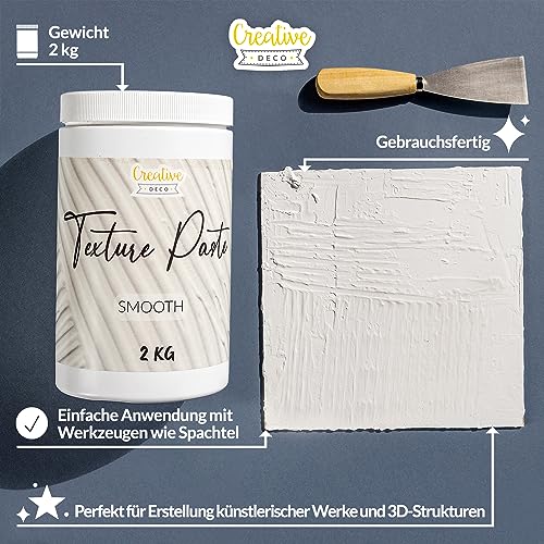 Creative Deco Strukturpaste Glatt 2 kg | Weiße Spachtelmasse für Acrylmalerei | Modellierpaste für Kunstprojekte, Acrylfarbe, DIY, 3D-Effekte, Texturen | Einfach mit Palettenmesser aufzutragen