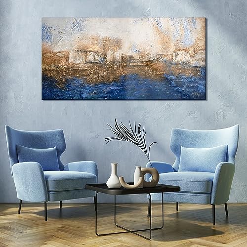 YS-Art Marine handgemalt auf Leinwand: Abstraktes Acryl Gemälde blau und Gold, minimalistisch und modern, echte Kunst für Wohnzimmer und Büro, großformatiges Wandbild maßgeschneidert 200x100 cm
