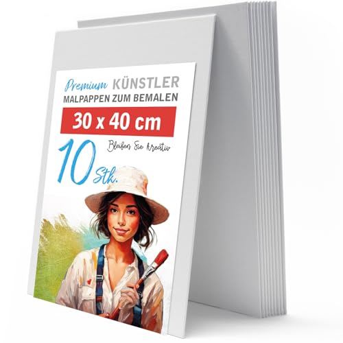 10 Stk. Künstler-Leinwand dünn zum Bemalen 30x40cm - leere, weiße Leinwandpanel auf Malkarton, Malpappe ist aus 100% Baumwolle, 2-fach weiß grundiert, 3mm stark - zum Malen für Profis, Kinder, Hobby