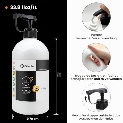 Artecho Acrylfarbe Titanweiß 1 l, wasserbasierte Künstlerfarbe, schnelltrocknend