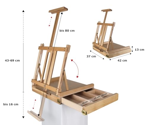 Paintersisters® Professionelle Tischstaffelei, Sitzstaffelei aus FSC Buchenholz, Keilrahmen bis 80cm, Kunstkoffer, Skizzenbox, klappbar