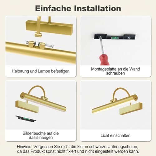 Gresonic kabellose Bilderleuchte Akku, 42 cm, 3 Lichtfarben, dimmbar, Gold