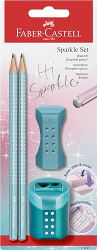 FABER-CASTELL 118297 - Bleistifte Set Sparkle, mit Spitzer, Radiergummi und 2 Bleistifte, Schreibset ocean metallic