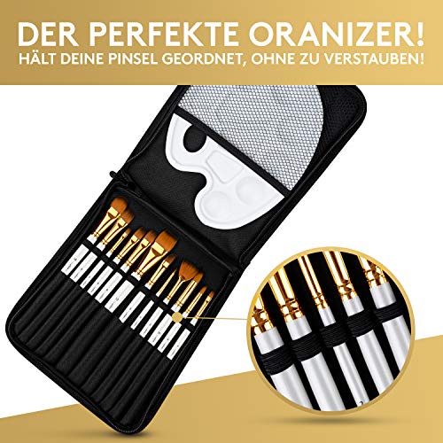 Pitello 12er Pinselset Malen - [Perfekte Grundausstattung] für Acryl, Aquarell und Ölfarben I Acrylpinsel Set mit Palette und Tasche I Aquarellpinsel, Künstlerpinsel, Pinsel Weiß