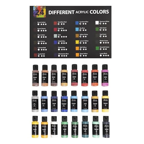 Elan Acrylfarben Set, 24x 60ml Acrylfarben Starterset, Professionelle Qualität Acryl Farben für Leinwand, Acrylic Paint Set, Malset Erwachsene, Flüssige Acrylfarbe Flaschen, Acryl Farbe für Steine