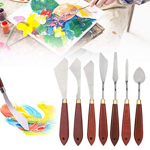 Fyearfly Palette Messer Set, 7 Stück Edelstahl Malmesser mit Holzgriff, Palettenmesser Malwerkzeuge, Malspachtel Künstler Set aus Edelstahl für Ölgemälde, Acrylmischen