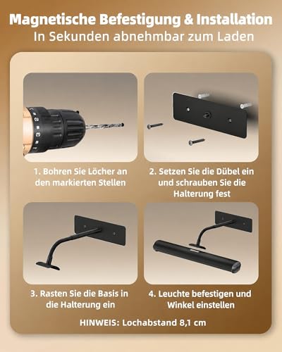 EZVALO kabellose LED Bilderleuchte mit Akku, 3 Farbtemperaturen, 2er-Set, Schwarz