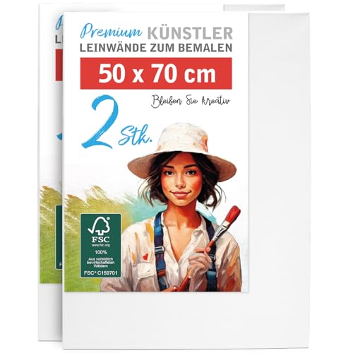 2er-Set Künstler-Leinwand zum Bemalen 50x70cm groß. Die leere, weiße Leinwand aus 100% Baumwolle ist umlaufend gespannt auf FSC® Holz-Keilrahmen mit 17mm Stärke, 280g/m², 2-fach weiß grundiert, Öl