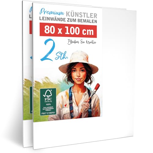 2er-Set Künstler-Leinwand zum Bemalen 80x100cm groß. Die leere, weiße Leinwand aus 100% Baumwolle ist umlaufend gespannt auf FSC® Holz-Keilrahmen mit 17mm Stärke, 280g/m², 2-fach weiß grundiert