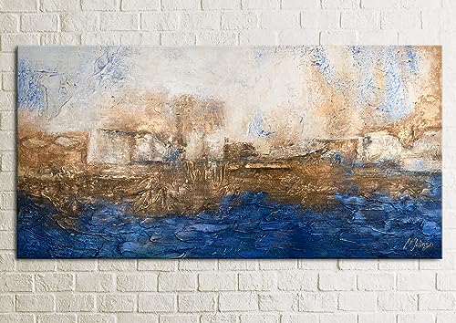 YS-Art Marine handgemalt auf Leinwand: Abstraktes Acryl Gemälde blau und Gold, minimalistisch und modern, echte Kunst für Wohnzimmer und Büro, großformatiges Wandbild maßgeschneidert 200x100 cm