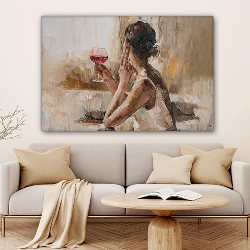 MuchoWow© Leinwand Groß 120x80 cm XXL Deko Schlafzimmer Aesthetic Leinwandbilder Wohnzimmer Gemälde Foto Geschenk Living Room Decoration Moderne Kunstdruck Wanddeko - Ölfarbe - Frau - Wein