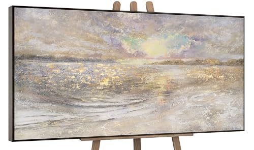 YS-Art – Handgemaltes Acrylgemälde „Meer Dämmerung“ als Panorama (200×100 cm) – Kraftvolle Natur auf Leinwand – Modernes Wandbild mit Rahmen für Wohnzimmer