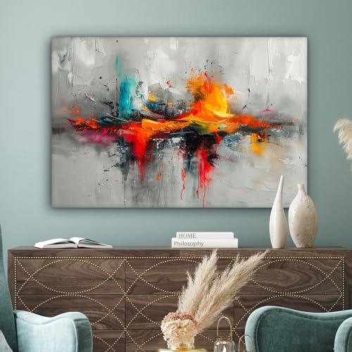 MuchoWow© Leinwandbild Groß 120x80 cm XXL Dekoration Wohnzimmer Bilder Pictures Wall Decoration Living Room Wohnungs Deko Moderne Bild Modern - Kunst - Orange - Grau - Abstrakt