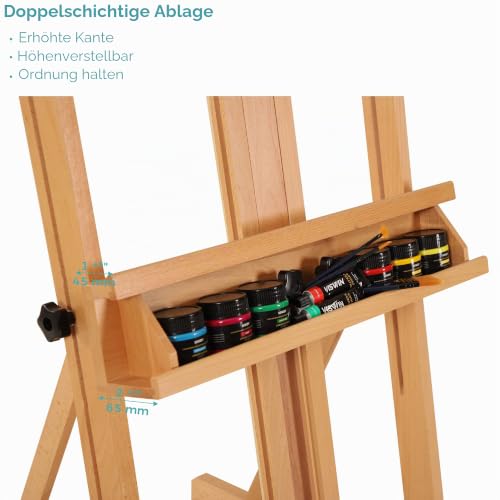 VISWIN Staffelei Groß H-Rahmen 135-231 cm H, Hält Leinwände bis zu 198 cm, Premium Atelierstaffelei Groß aus Buchenholz mit Breiterer Ablage, Leinwand Ständer für Malen, Künstler, Erwachsene