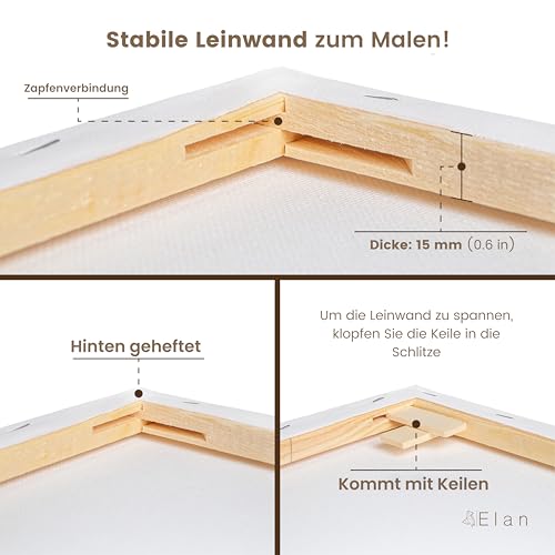 Elan Keilrahmen Leinwand 90x120 3er Set, 100% Baumwolle Leinwand zum Bemalen Groß, Leinwände für Acrylfarben 280GSM, Leinwände Groß, Keilrahmen 90x120