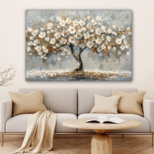MuchoWow© Leinwand Bilder Groß 120x80 cm XXL Wanddeko Wohnzimmer Aesthetic Room Decor Deko Zimmer Wandbilder Modern Bild auf Leinwand Baum - Blumen - Weiß - Natur - Kunst