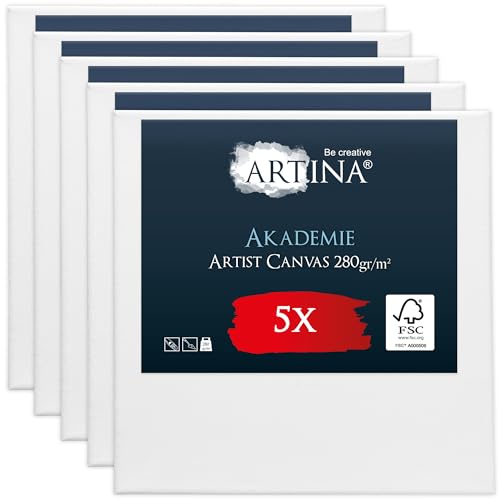 Artina FSC® Keilrahmen 5er Set Akademie 20x20 cm – Leinwand Set Maltuch aus 100% Baumwolle Leinwände 280 g/m² - Keilrahmenset Leinwand zum Bemalen für Acryl-, Aquarell-, Ölfarbe uvm Artina FSC® Keilrahmen 5er Set Akademie 20x20 cm – Leinwand Set Maltuch aus 100% Baumwolle Leinwände 280 g/m² - Keilrahmenset Leinwand zum Bemalen für Acryl-, Aquarell-, Ölfarbe uvm