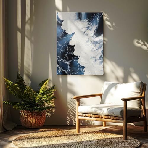 Handgemaltes Leinwandbild in mediterranem Stil 75x100 cm im Hochformat als Wanddeko in Blau und Weiß für Wohnräume und Büros