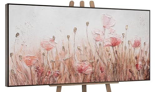 YS-Art – Handgemaltes Acrylgemälde „April“ als Panorama (120×60 cm) – Beige Mohnblumen auf Leinwand – Abstrakte Kunst mit Rahmen – Modernes Wandbild für Wohnzimmer, Büro & Praxis