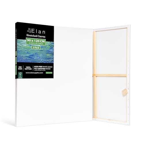 Elan Keilrahmen Leinwand 90x120 3er Set, 100% Baumwolle Leinwand zum Bemalen XXL, Leinwand Set XXL, Leinwände für Acrylfarben, Keilrahmen XXL 90x120, Leinwand Malen, Acryl Leinwand A0 zum Bemalen