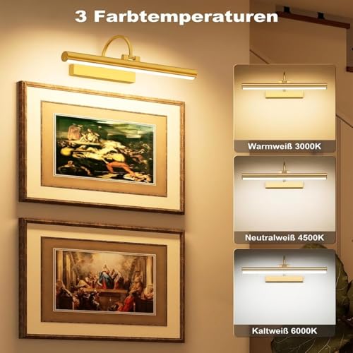 Gresonic kabellose Bilderleuchte Akku, 42 cm, 3 Lichtfarben, dimmbar, Gold