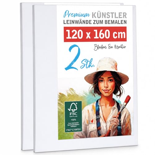 M MERCEO 2 Stück XXL Leinwand zum Bemalen - 120 cm x 160 cm - Leinwand Set für Malerei - große leere Leinwandpaneele für Künstler - Leinen-Rahmen 100% Baumwolle 380 g/m² 2-fach weiß grundiert