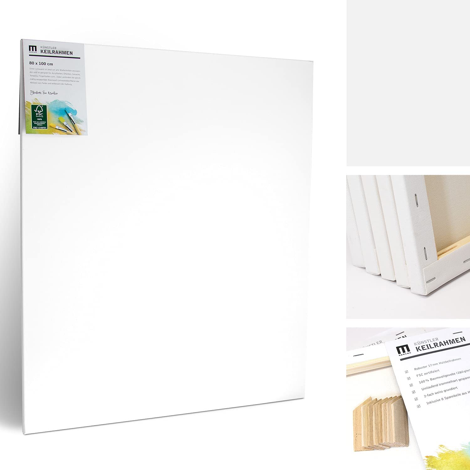 2er-Set Künstler-Leinwand zum Bemalen 80x100cm groß. Die leere, weiße Leinwand aus 100% Baumwolle ist umlaufend gespannt auf FSC® Holz-Keilrahmen mit 17mm Stärke, 280g/m², 2-fach weiß grundiert 2er-Set Künstler-Leinwand zum Bemalen 80x100cm groß. Die leere, weiße Leinwand aus 100% Baumwolle ist umlaufend gespannt auf FSC® Holz-Keilrahmen mit 17mm Stärke, 280g/m², 2-fach weiß grundiert