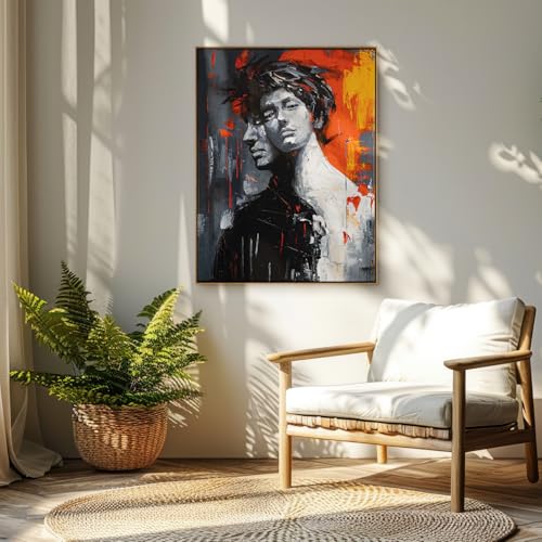 AUREDAS Leinwandbild – 75×100 cm – Abstraktes Acrylgemälde 'Romulus and Remus' mit Eiche Hell Rahmen – Hochformat – Schwarz/Rot – moderne Wanddekoration