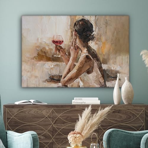 MuchoWow© Leinwand Groß 120x80 cm XXL Deko Schlafzimmer Aesthetic Leinwandbilder Wohnzimmer Gemälde Foto Geschenk Living Room Decoration Moderne Kunstdruck Wanddeko - Ölfarbe - Frau - Wein
