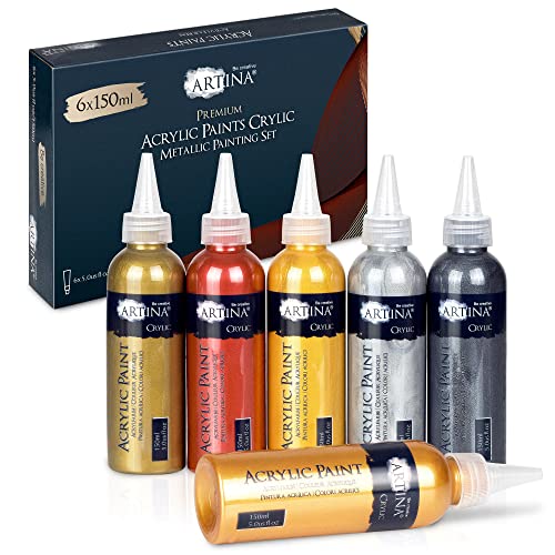 Artina 6 x 150ml Acrylfarben Metallic Set Crylic (Glitter) - Acrylfarbe Gold, Silber, Bronze, Kupfer - Metallic Farbe zum Malen mit Pinsel und Malmesser auf Leinwand, Ton, Papier, Beton etc.