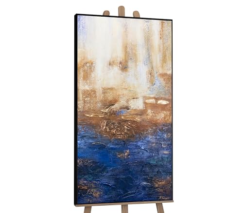 YS-Art – Handgemaltes Acrylgemälde „Marine II“ im Hochformat (100×200 cm) – Blau-Gold Abstrakte Kunst auf Leinwand – Modernes Wandbild mit Rahmen für Wohnzimmer & Büro