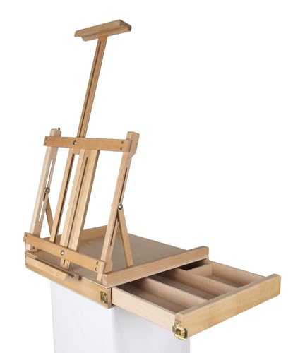 Paintersisters® Professionelle Tischstaffelei, Sitzstaffelei aus FSC Buchenholz, Keilrahmen bis 80cm, Kunstkoffer, Skizzenbox, klappbar