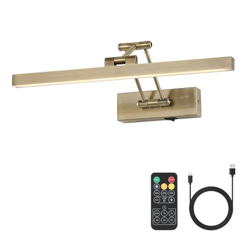 Pasoar Bild Licht Batteriebetriebene Messing 40CM lange wiederaufladbare Wandleuchten Dimmbare LED Bibliothek Licht mit Swing Arm und Timer Funktion Akku Wandleuchte Innen Gold Farbe