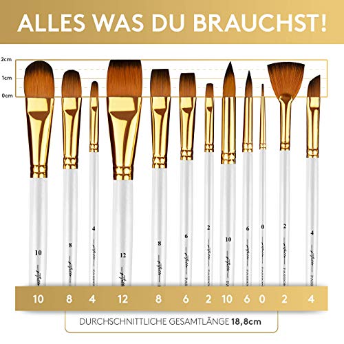 Pitello 12er Pinselset Malen - [Perfekte Grundausstattung] für Acryl, Aquarell und Ölfarben I Acrylpinsel Set mit Palette und Tasche I Aquarellpinsel, Künstlerpinsel, Pinsel Weiß