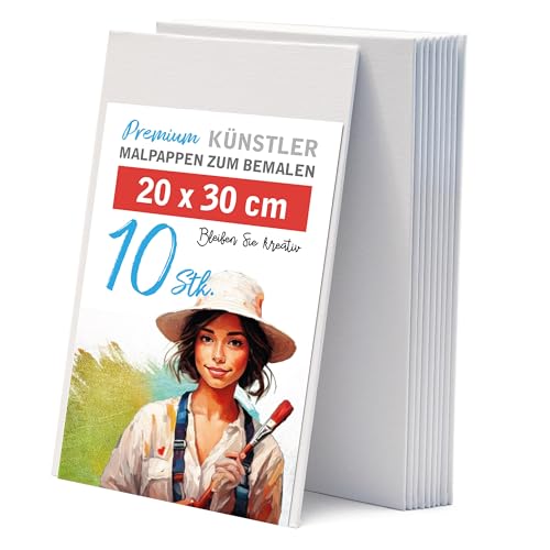 10 Stk. Leinwand Malkarton zum Bemalen 20x30cm, A4 - leere, weiße Malpappe aus 100% Baumwolle, 2-fach weiß grundiert und 3mm stark - Ideal zum Malen mit Acryl oder Ölfarbe für Profis, Kinder, Hobby