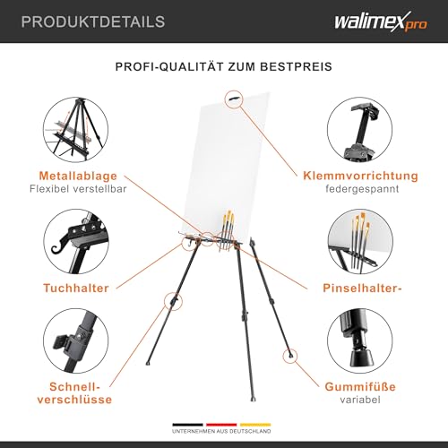 Walimex pro Staffelei L 50-165cm, Aluminium I ideal als Atelierstaffelei, Tischstaffelei & Feldstaffelei I für Leinwände bis HxT: 122x4cm, bis 6kg I Ablage & Halterung für Farben & Pinsel, mit Tasche