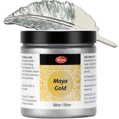 Viva Decor Maya Gold 250ml (Silber) - Metallic-Acrylfarbe für kreative Werke auf Holz, Glas und Porzellan. Stoßfest, wischfest und wetterfest für glänzende Metall- / Metallic Effekte