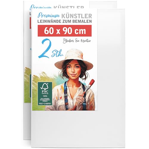 2er-Set Künstler-Leinwand zum Bemalen 60x90cm groß. Die leere, weiße Leinwand aus 100% Baumwolle ist umlaufend gespannt auf FSC® Holz-Keilrahmen mit 17mm Stärke, 280g/m², 2-fach weiß grundiert