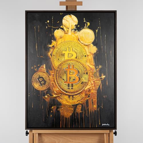 AUREDAS Wandbild 90x120 Handgemaltes Acrylbild in Gold und Dunkel mit Eiche-Dunkel Rahmen auf Leinwand im abstrakten Hochformat für verschiedene Wohnräume