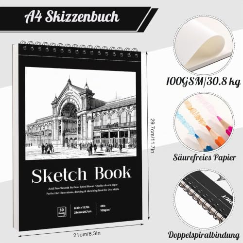 WSICSE Zeichenblock A4, 50 Blatt, 100 g/m², Spiralbindung, Hardcover, Schwarz