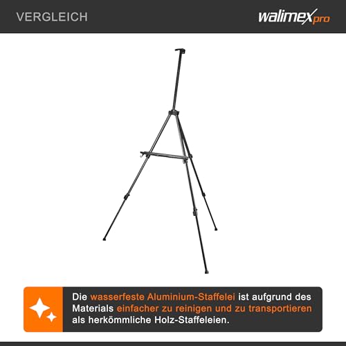 Walimex pro Staffelei L 50-165cm, Aluminium I ideal als Atelierstaffelei, Tischstaffelei & Feldstaffelei I für Leinwände bis HxT: 122x4cm, bis 6kg I Ablage & Halterung für Farben & Pinsel, mit Tasche