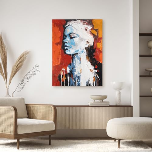 AUREDAS Wandbild 90×120 cm – Handgemaltes Acrylgemälde auf Leinwand – Schwarz – Rot – Orange – Abstraktes Frauenportrait – Hochformat – Schwarz/Weiß – moderne Wanddekoration