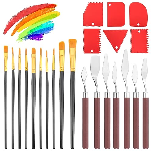 umorismo 23 Stück Acryl Spachtel und Pinsel Set - 7 Palettenmesser Set, 6 Zahnspachtel Set, 10 Haar und Borstenpinsel Set, Künstlerpinsel für Ölgemälde, Acrylfarben, Gouache, Aquarell