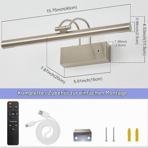 Actask Bilderleuchte Akku mit Fernbedienung, 40 cm LED Bildbeleuchtung, Sand Nickel