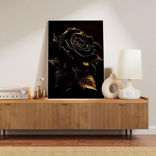 VTRXEG Bilder Schwarz Blume Gold Abstrakt,Modernes blumen bilder auf leinwand,Für Wohnzimmer Schlafzimmer Wanddekoration poster Ohne Rahmen (80x120cm)