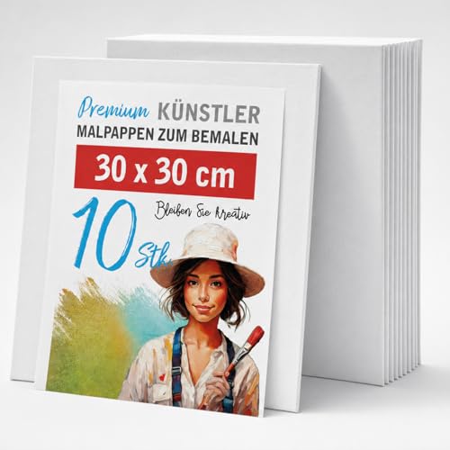 Leinwand Malkarton 10er-Set zum Bemalen 30x30cm - leere, weiße Malpappe aus 100% Baumwolle, 2-fach weiß grundiert und 3mm stark - Ideal zum Malen mit Acryl oder Ölfarbe für Profis, Kinder, Hobby