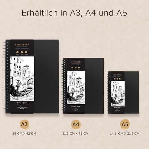 String & Space Skizzenbuch A5, schwarz, 200 g/m², 40 Bögen, Spiralbindung